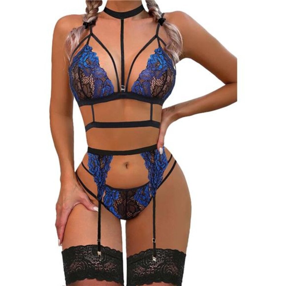 "New Lace Garter Teddy Set w/ Strappy Bra, Panty & Choker – No Stockings"